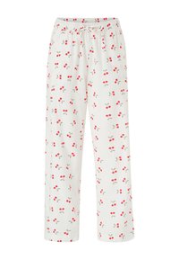 Hvide pyjamasbukser med elastisk talje, prydet med et spredt kirsebærprint i rødt og grønt. Løs pasform med lige ben.