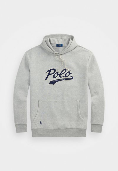 Gray hoodie made of cotton blend, featuring a large navy "Polo" logo, kangaroo pocket, and ribbed cuffs, with a drawstring hood.