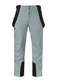 Helle graue Outdoor-Hosen mit schwarzen verstärkten Säumen und verstellbaren schwarzen Trägern, mit Knopfverschluss und seitlichem Logo.