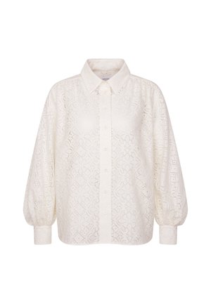 Witte blouse met lange mouwen, een spitse kraag, knoopsluiting aan de voorkant, ballonmouwen en een ingewikkeld bloemmotief van kant over het hele kledingstuk.