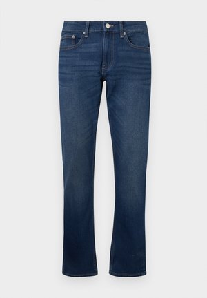 Mørkeblå denimjeans med rett passform, med et klassisk fem-lomme design og synlig søm langs sømmene.