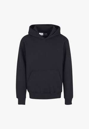 Zwarte hoodie gemaakt van een katoenmix, met een voorkant zak, lange mouwen, en ribgebreide manchetten en zoom. Zachte textuur.