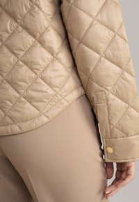 Beige gevoerde jas met een gladde textuur, voorzien van een gebogen zoom en een gouden drukknopdetail op de mouw. Zachte, lichtgewicht stof.