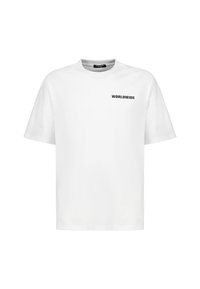 Weißes T-Shirt mit kurzen Ärmeln aus Baumwolle, mit "WORLDWIDE" in Schwarz auf der Vorderseite bedruckt. Rundhalsausschnitt mit lässiger Passform und glatter Textur.