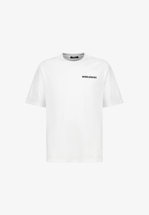 Weißes T-Shirt mit kurzen Ärmeln aus Baumwolle, mit "WORLDWIDE" in Schwarz auf der Vorderseite bedruckt. Rundhalsausschnitt mit lässiger Passform und glatter Textur.