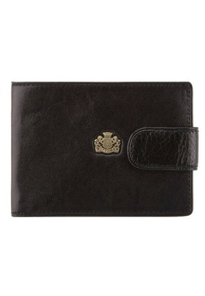 Black leather wallet with a textured design, featuring a gold emblem logo and a side snap closure. Compact rectangular shape.
