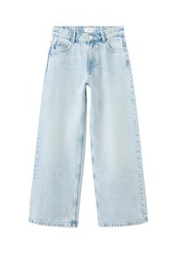 Jean large bleu clair en denim, doté d'une taille haute, de deux poches avant et de détails de couture minimalistes.