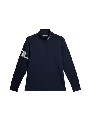 Marinblå långärmad tröja med halvdragkedja, texturerat tyg och en vit diagonalt randig logotyp på vänster ärm.