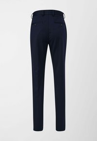 Marineblaue, maßgeschneiderte Hose mit schmaler Passform, flachem Frontdesign, zwei Gesäßtaschen, Gürtelschlaufen und glatter Stoffoberfläche.