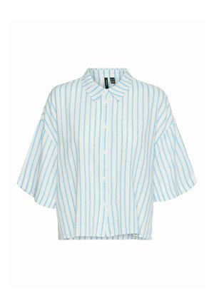 Himmelblau-weiß gestreifte kurzärmelige Button-Down-Shirt mit Kragen, locker sitzend und aus weichem, strukturiertem Stoff.