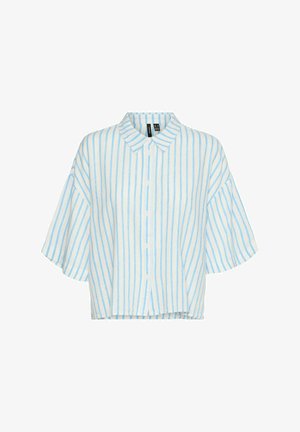 Hele sinise ja valge triibuline lühikeste varrukatega nööpidega särk kraega, millel on lõdva lõige ja pehme, tekstuuriga kangas.