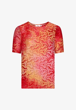 Short-sleeve top featuring a gradient pattern of swirls in red and orange hues, made from a sheer, lightweight fabric. Round neckline.