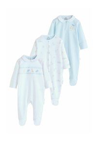Tre body per neonati in azzurro tenue e bianco. Tessuto di cotone morbido con motivi di animali, un colletto e chiusure a scatto per vestirli facilmente.