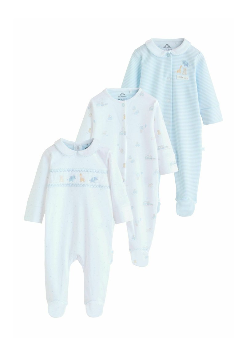 Tre body per neonati in azzurro tenue e bianco. Tessuto di cotone morbido con motivi di animali, un colletto e chiusure a scatto per vestirli facilmente.
