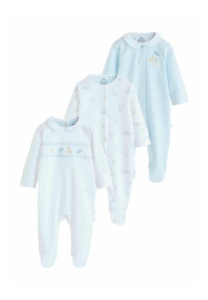 Drei Baby-Strampler in Hellblau und Weiß. Weicher Baumwollstoff mit Tiermotiven, einem Kragen und Druckknöpfen für einfaches An- und Ausziehen.