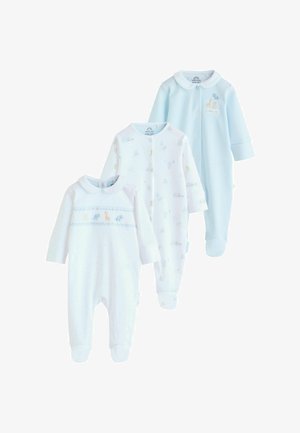 Drei Baby-Strampler in Hellblau und Weiß. Weicher Baumwollstoff mit Tiermotiven, einem Kragen und Druckknöpfen für einfaches An- und Ausziehen.
