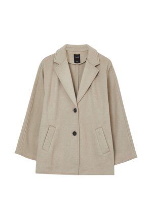 Beige Wollmischung Oversized-Mantel mit Reverskragen, zwei Fronttaschen und zwei schwarzen Knöpfen. Weiche Textur mit minimalen Details.
