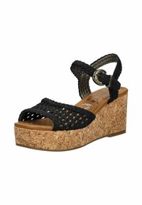 Czarne plecione sandały na koturnie z warkoczowymi paskami, regulowanym klamrą i teksturowaną korkową podeszwą.