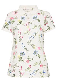 Weißes Polohemd mit buntem Blumenmuster. Verfügt über einen Kragen, kurze Ärmel und eine Knopfleiste. Aus weichem Stoff gefertigt.