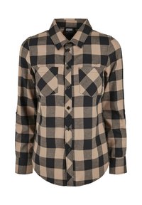 Beige and black plaid flannel shirt featuring a button-down front, two chest pockets, and long sleeves with buttoned cuffs.