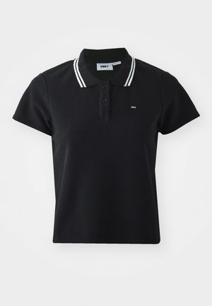Black polo shirt with short sleeves, ribbed texture, two-button placket, and white striped collar. Small logo on upper left.