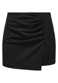 Jupe mini noire avec des détails froncés sur un côté, une texture lisse et une coupe ajustée. L'ourlet est droit avec un léger recouvrement.
