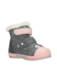 Grijze suède laars met roze accenten, faux fur voering, twee klittenbandsluitingen, ronde neus en rubberen zool. Voorzien van een speelse gezichtsontwerp aan de voorkant.
