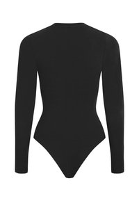 Bodysuit negro de manga larga con escote redondo, textura suave y forma ajustada, diseñado para crear una silueta estilizada.