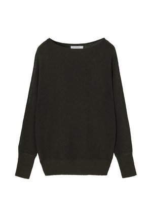 Pull en maille vert foncé, coupe loose, encolure large, manches longues, bords-côtes aux poignets et à l'ourlet, texture légère. Étiquette de la marque à l'intérieur.
