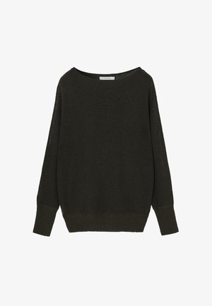 Dark green pullover sweater, loose fit, wide neckline, long sleeves, ribbed cuffs and hem, lightweight knit texture. Brand label inside.