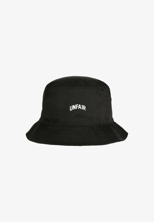 Black bucket hat with white embroidered text "UNFAIR" centered on the front, displayed against a white background.