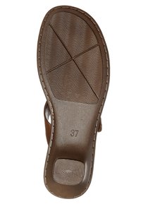 Semelle de sandale marron avec un motif de grip texturé ; marquée de la taille 37. Présente une finition lisse et un design de bout arrondi.