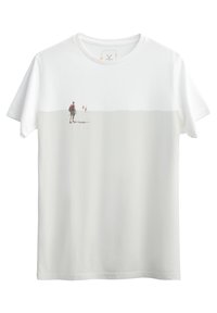 Witte katoenen T-shirt met een grafische print van figuren die op een vlakke ondergrond lopen, met een zacht, minimalistisch ontwerp en een ronde hals.