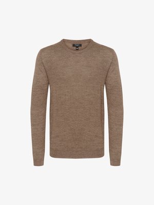 Brūns adīts džemperis, izgatavots no mīksta materiāla, ar apaļu kakla izgriezumu un garām piedurknēm, ar gludu tekstūru un bez redzamām rakstu formām.