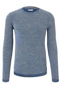 Maglione blu a maniche lunghe realizzato in tessuto a maglia strutturato, con scollo rotondo e polsini e orlo a coste.