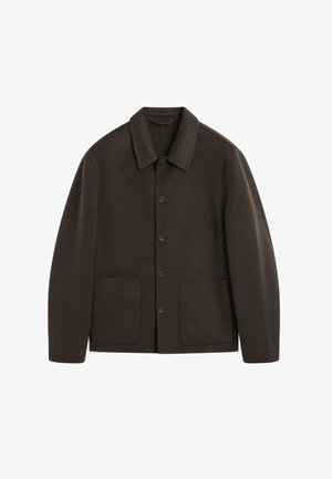 Brun uldjakke med krave, frontlukning med knapper og to klaplommer. Stoffet har en blød, struktureret overflade.