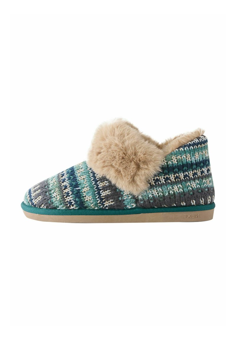 Zapatillas de lana con un patrón de punto en azul verdoso, gris y crema, que cuentan con un suave puño de piel de imitación en color beige y una suela de goma texturizada.