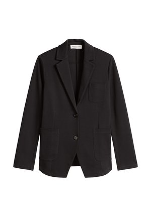 Blazer noir en matière douce, avec un col cranté, deux poches avant et une fermeture à un bouton. Design simple.