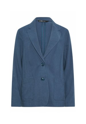 Blå blazer, fremstillet af et tekstureret stof, med en spids krave, to frontlommer og to knapper i en matchende farve.