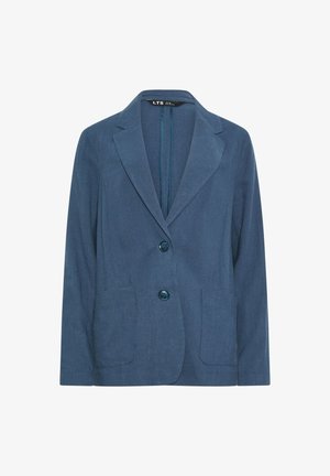 Niebieski blezer, wykonany z fakturowanej tkaniny, z klapami, dwoma przednimi kieszeniami oraz dwoma guzikami w dopasowanym kolorze.