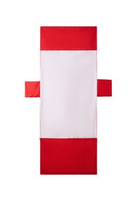 Materassino imbottito rosso e bianco con maniglie rosse laterali. Texture liscia, forma rettangolare; bordi rossi e un pannello centrale bianco.