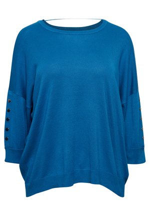 Türkiser, oversized Pullover mit weitem Ausschnitt und lockeren Ärmeln. Verfügt über Knopf-Akzente entlang der Ärmelabschlüsse, hergestellt aus weichem, strukturiertem Stoff.