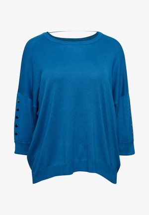 Teal oversized trui met een brede halslijn en losse mouwen. Beschikt over knoopaccenten langs de mouwranden, gemaakt van zachte, gestructureerde stof.