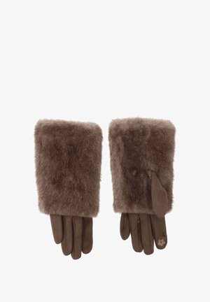 Bruine handschoenen van nepbont met een zachte textuur, voorzien van een langere manchet en een gladde bruine handpalm. Op een van de vingers is een kleine bloemaccent zichtbaar.