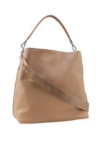 Borsa a spalla in pelle color tan con una texture morbida, dotata di un manico superiore singolo e di una tracolla rimovibile con marchio in oro.