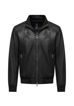 Giacca bomber nera in pelle con zip frontale, tasche anteriori, polsini a coste e colletto morbido. Texture liscia con design aderente.