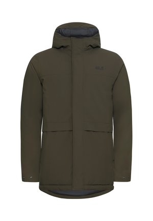 Olivgrüne, isolierte Jacke mit Kapuze, externen Taschen und glatter Textur. Verfügt über einen Frontreißverschluss und verstellbare Bündchen.