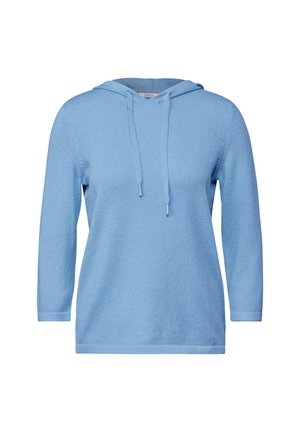 Lichtblauwe hoodie van zachte stof, met een trekkoordcapuchon en driekwartmouwen, met een ontspannen pasvorm en een gestructureerd oppervlak.