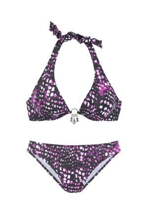 Zweiteiliger Bikini mit schwarzem, violettem und weißem abstraktem Muster, Neckholder-Bindung und dekorativem Ring mit Perlen in der Mitte des Oberteils.