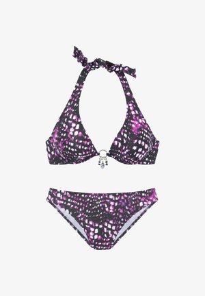 Two-piece bikini with black, purple, and white abstract pattern, halter neck tie, and decorative ring with beads at center of top.